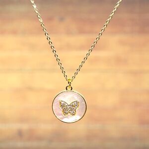 Indio Jewelry Gold Mother of Pearl and Paver CZ Butterfly Necklace #215